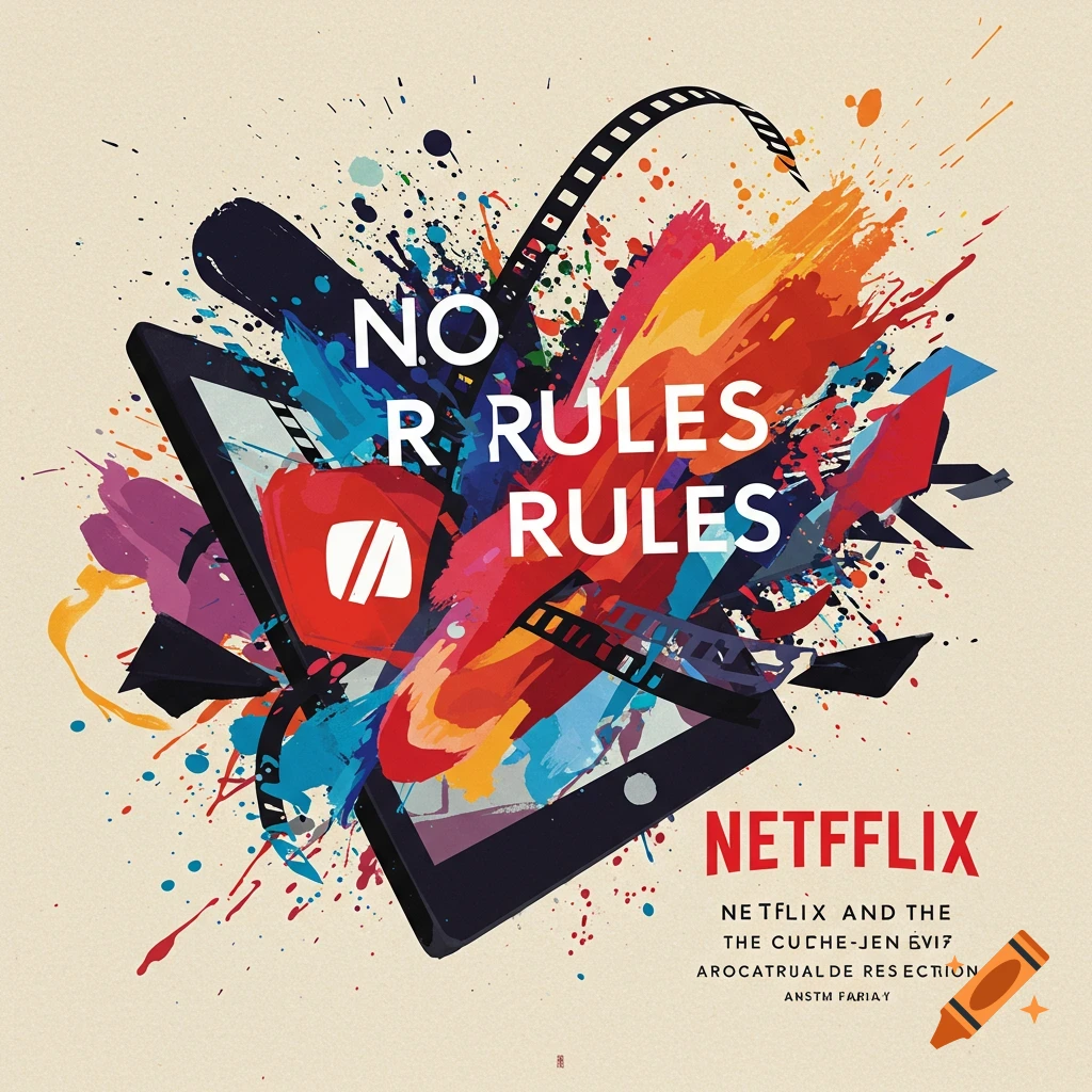 Graphic design illustration of a tablet and film reel surrounded by colorful paint splatters and text.