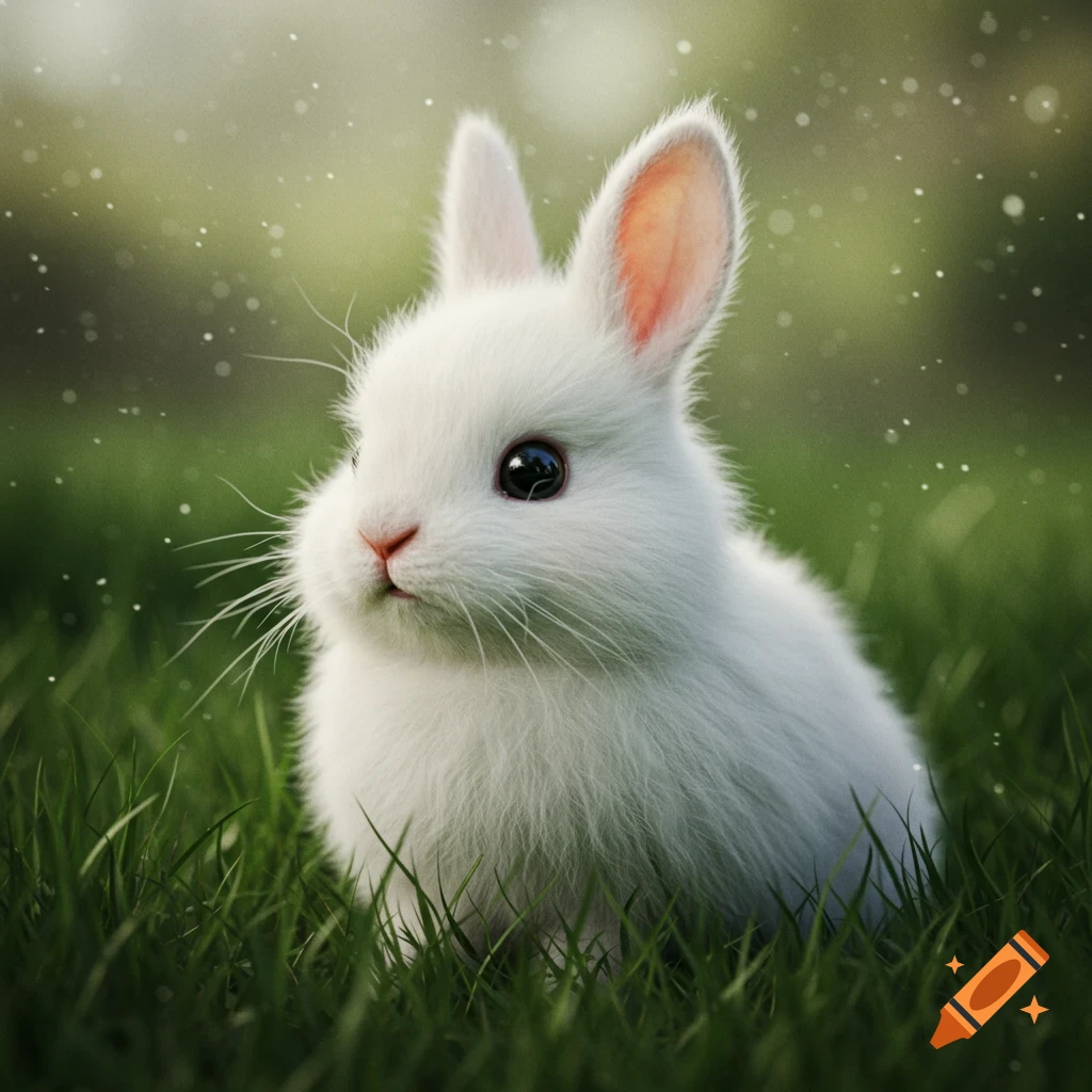 A fluffy white bunny sits in green grass, photorealistic.
