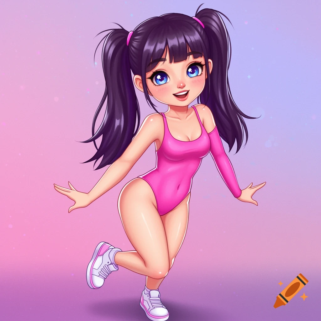 An anime-style illustration of a cheerful girl in a pink leotard and sneakers against a gradient background.