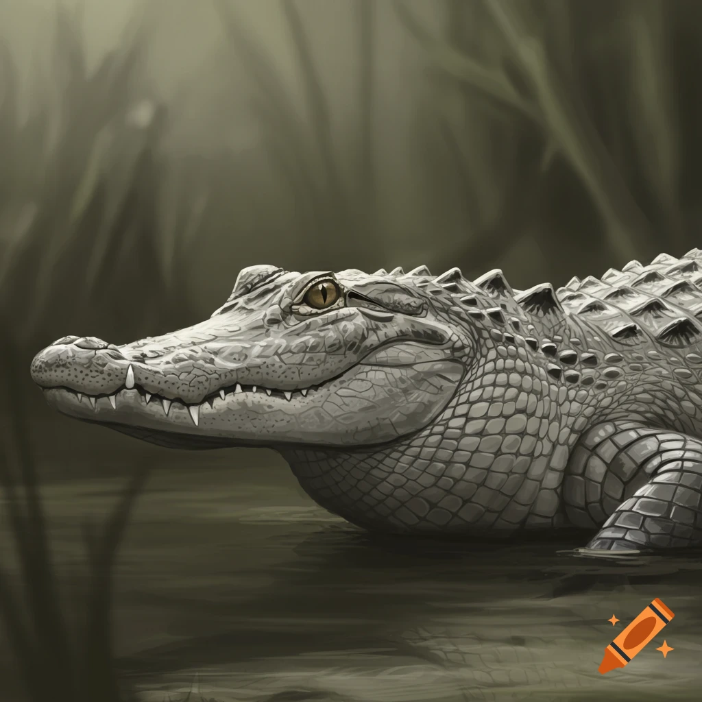An alligator rests in murky water among reeds.