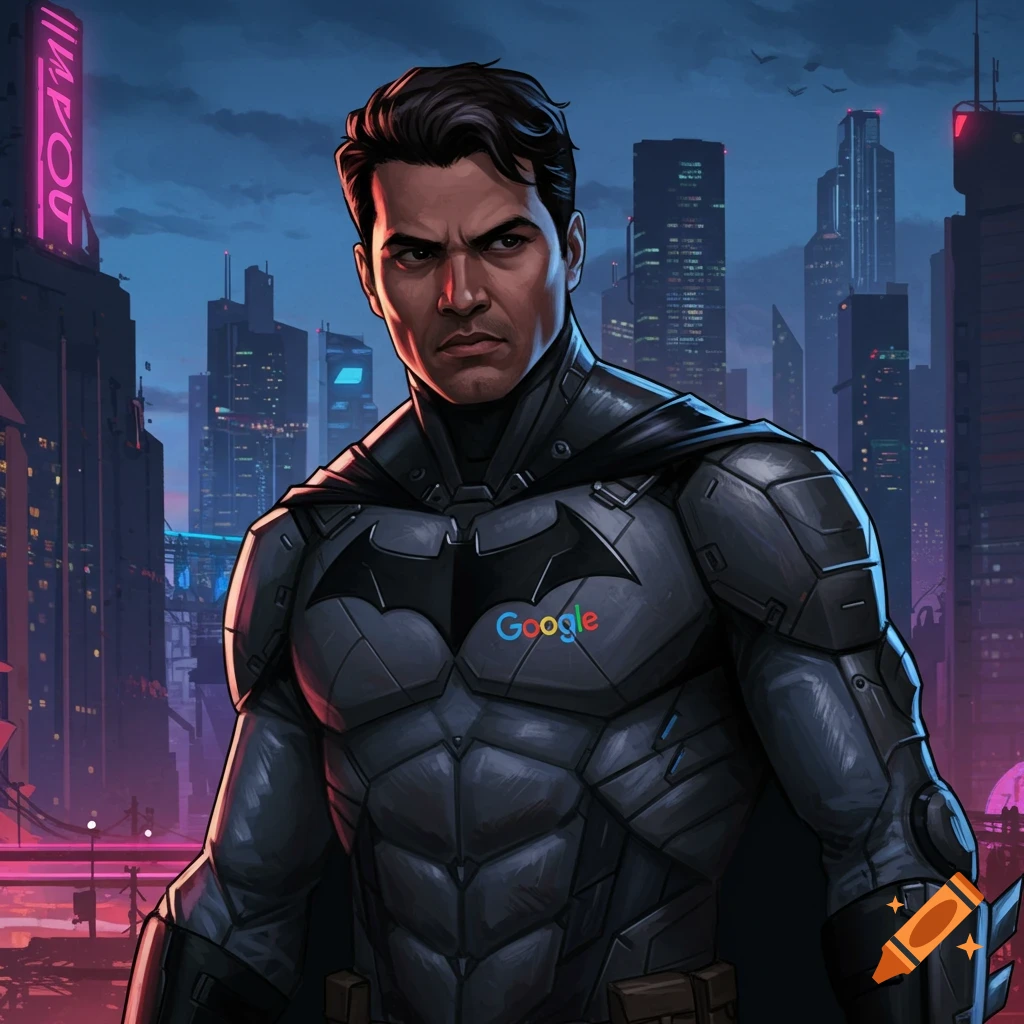 Batman in a dark suit stands in a futuristic city at night.