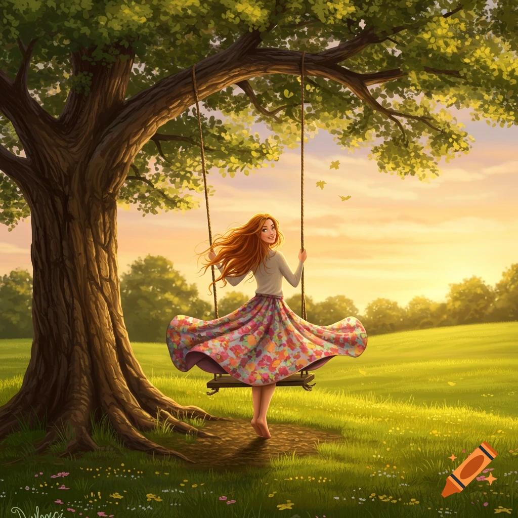 Young woman swinging on a tree swing in a sunny field.