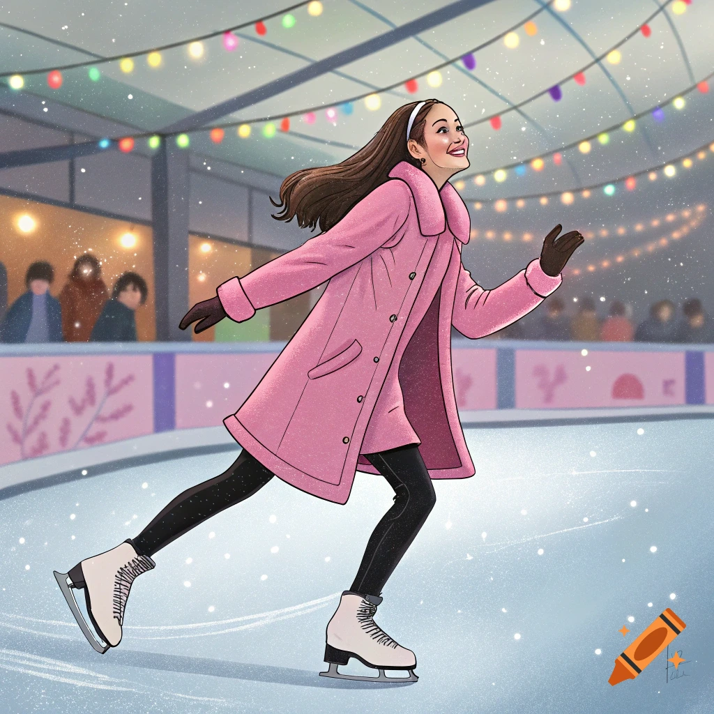Illustration of a woman in a pink coat ice skating outdoors at night under string lights.