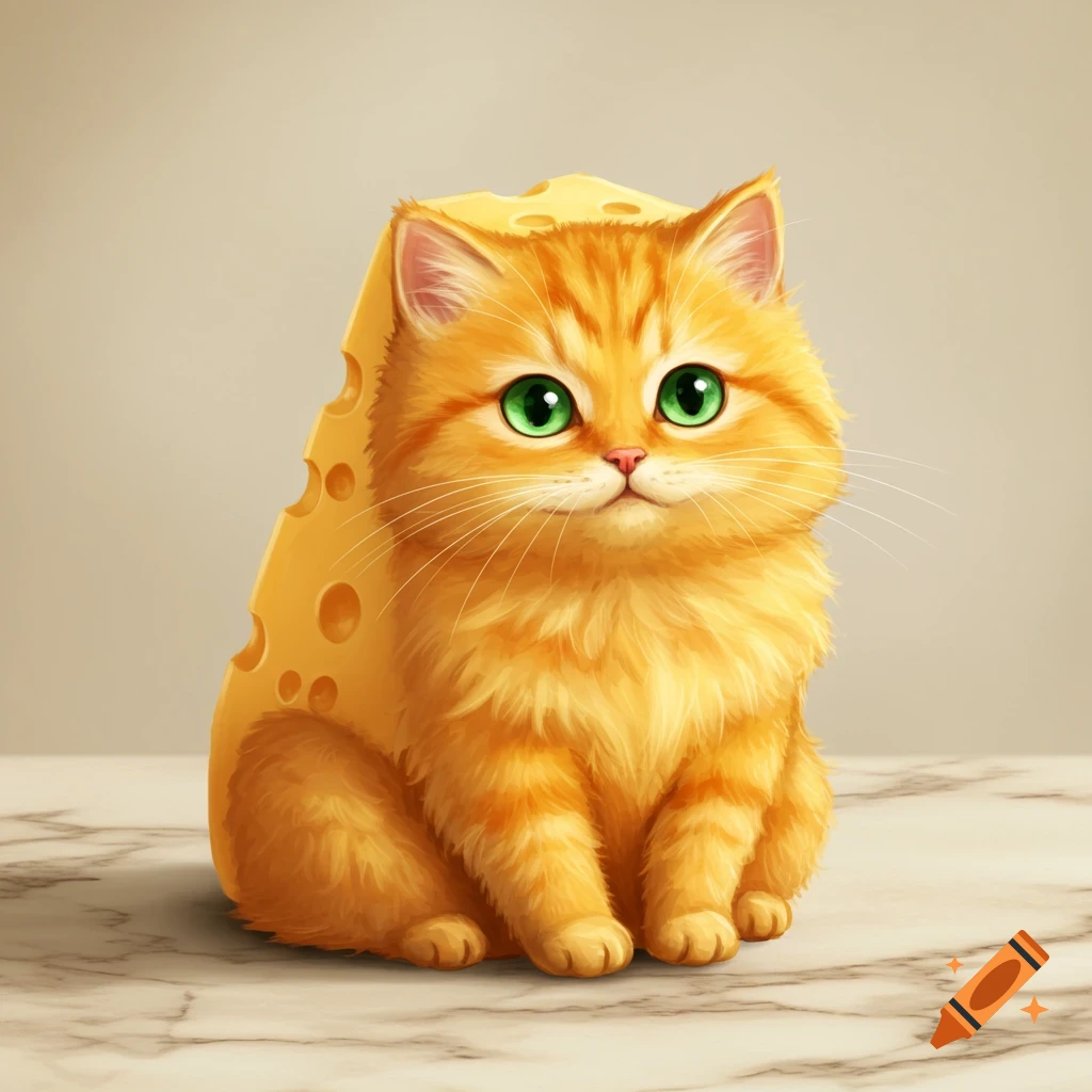 A fluffy orange tabby cat sitting with a block of Swiss cheese on its back.