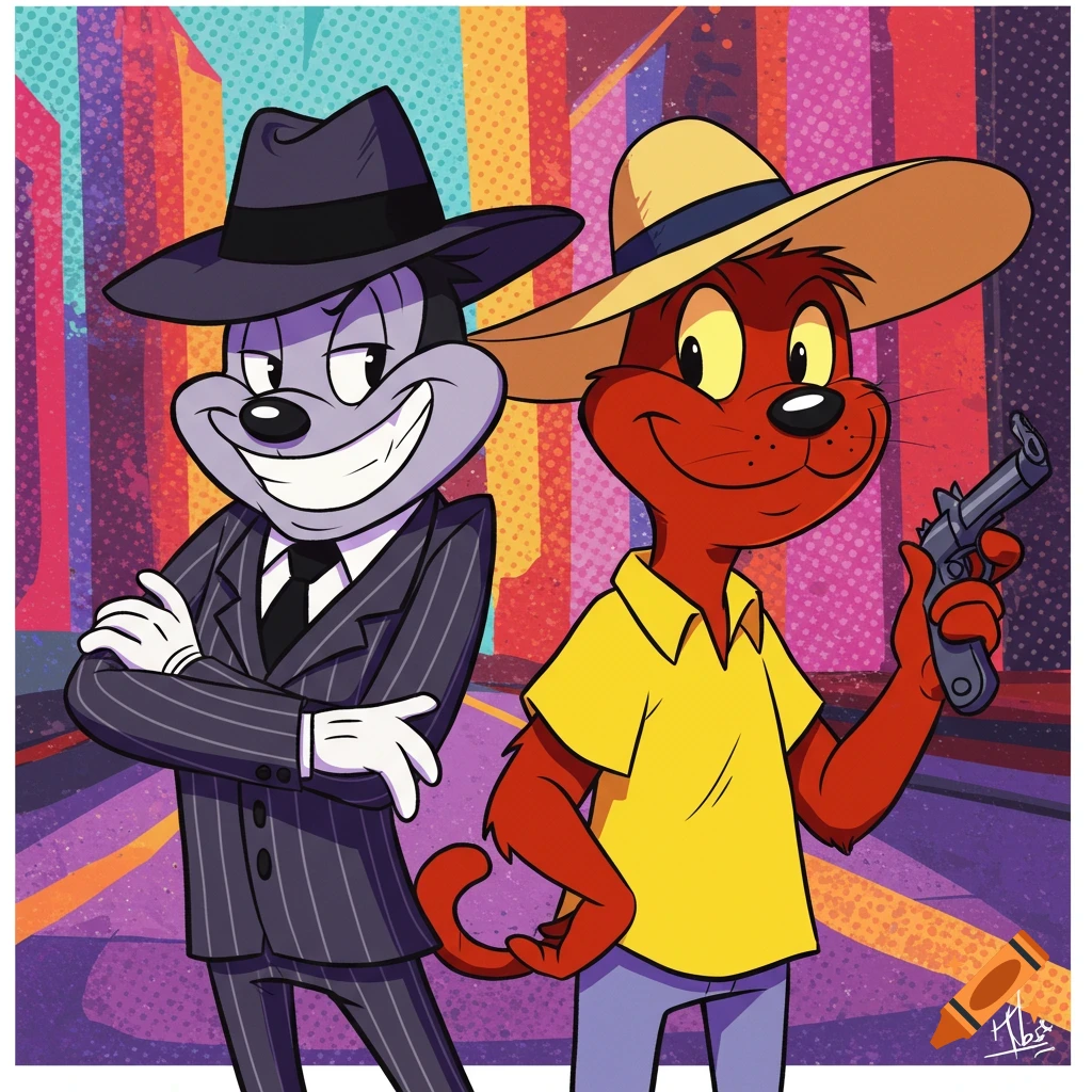Two cartoon animals in hats, one in a suit and one holding a gun, stand on a colorful city street.