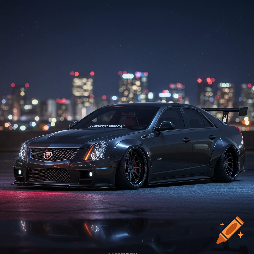 A dark grey modified Cadillac CTS-V sedan with a widebody kit and spoiler, parked at night with city lights.