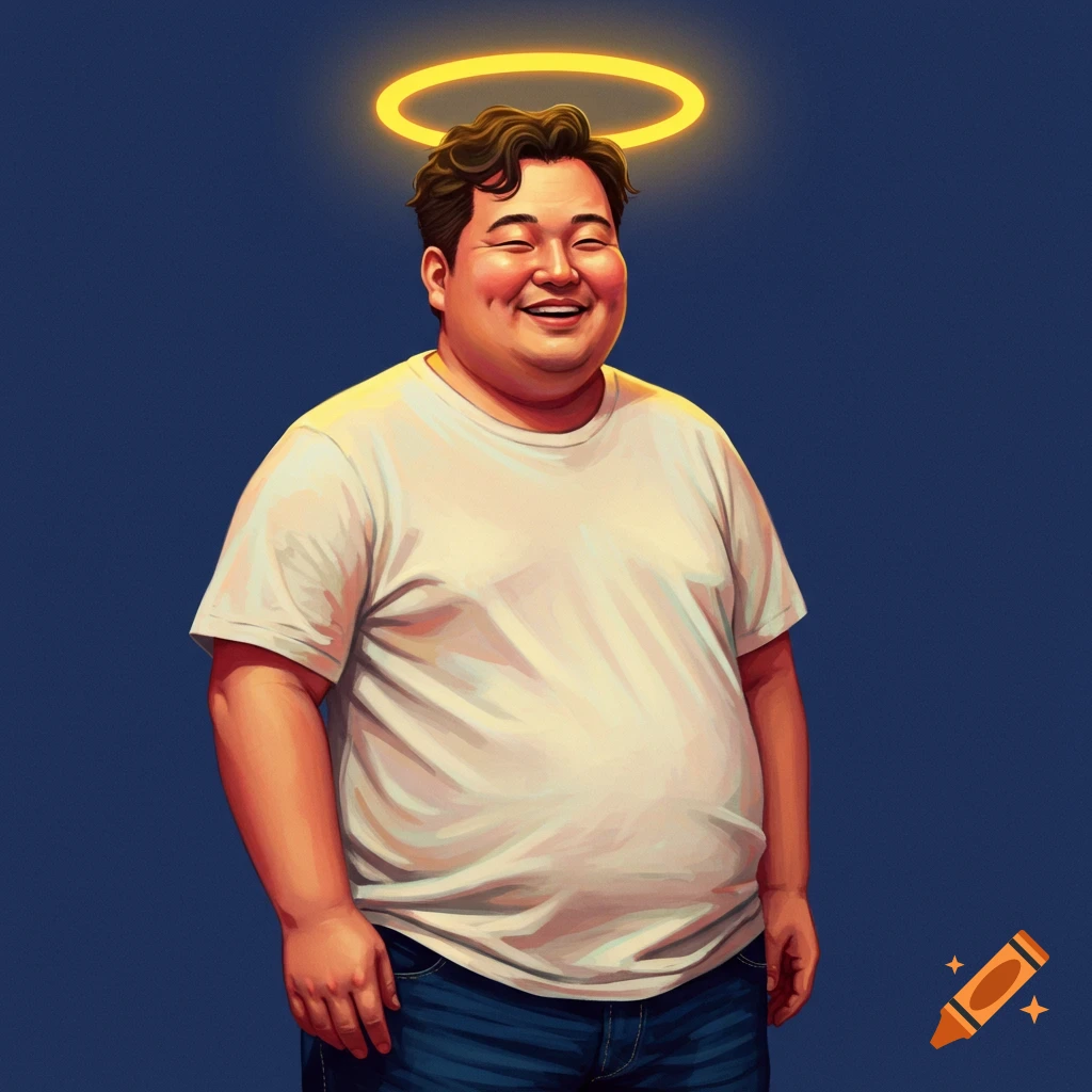 A smiling Asian man wearing a white t-shirt and a glowing halo.