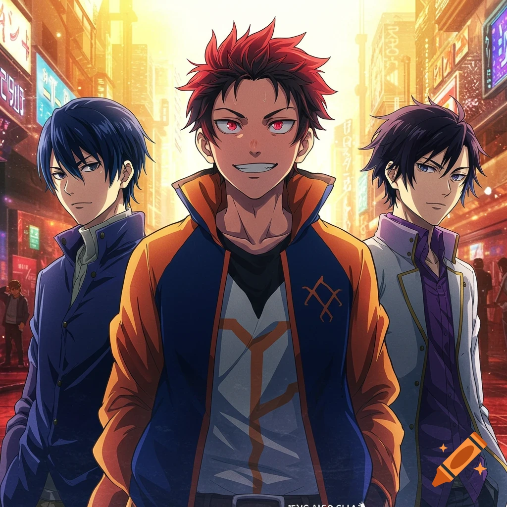 Anime illustration of three male characters standing in a city street at night.