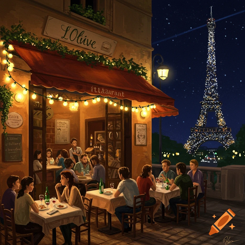 People are dining outside a Parisian restaurant at night with the Eiffel Tower in the background.