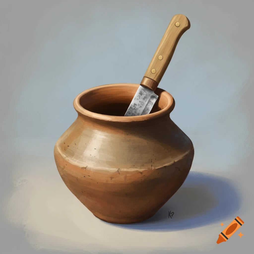A traditional clay pot with a knife stuck inside it.