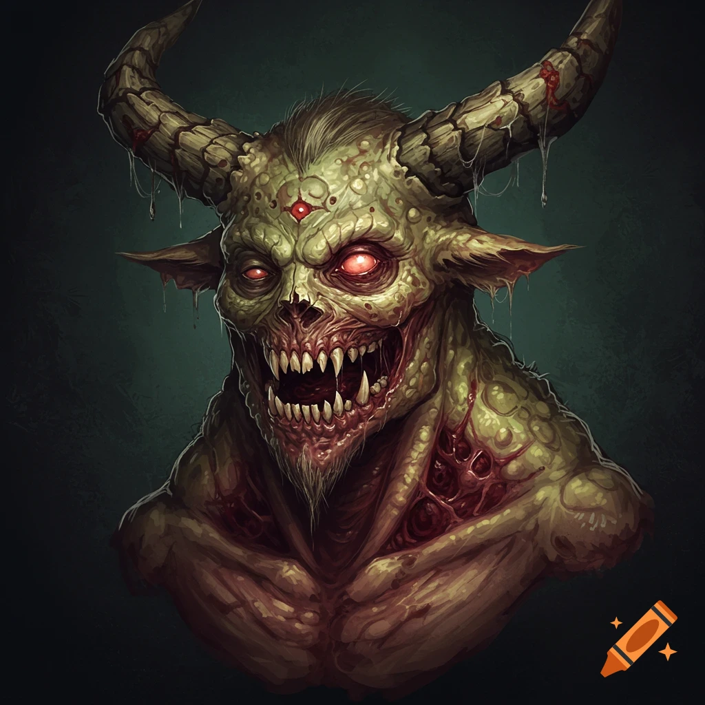 A grotesque fantasy creature with large horns, red eyes, and sharp teeth.