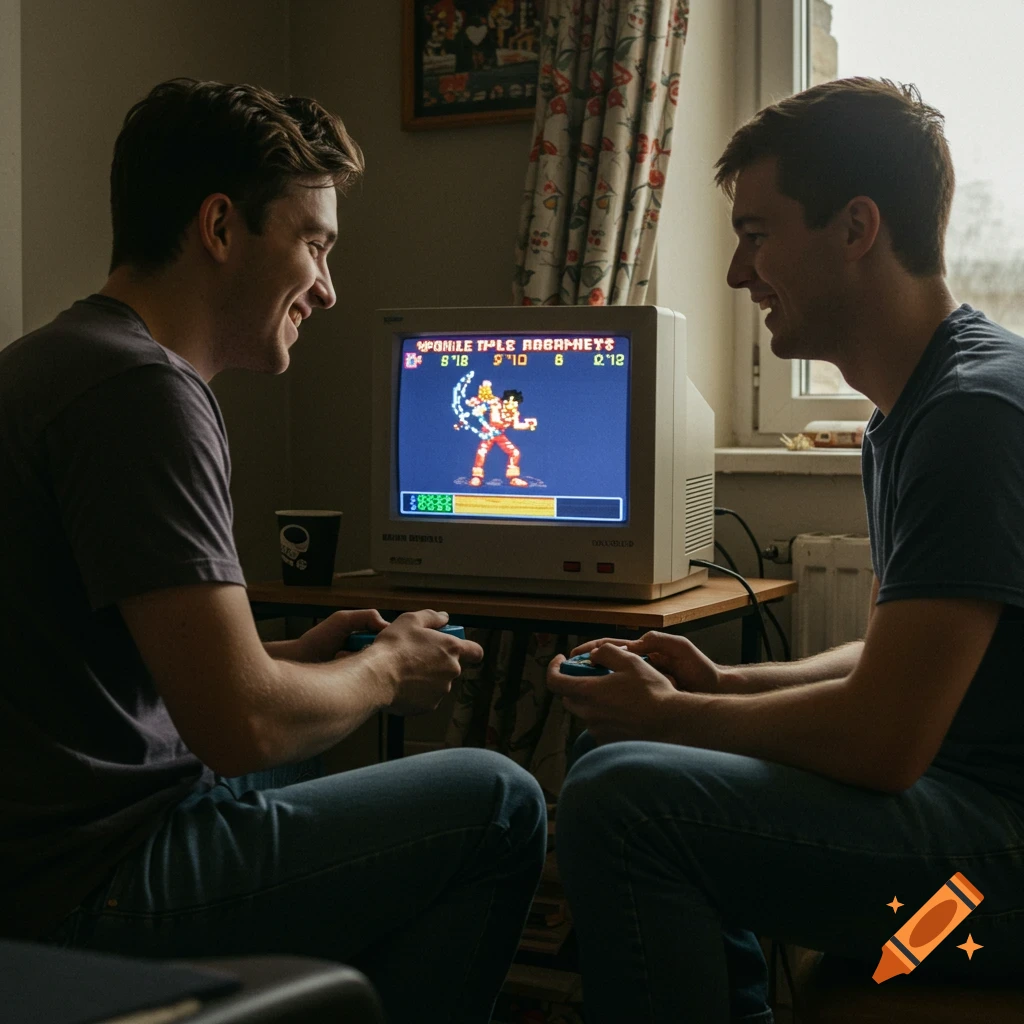 Two young men play a retro video game on a CRT monitor, photo.
