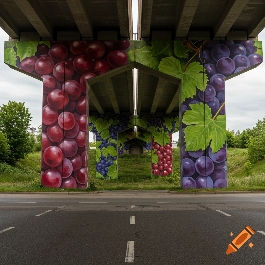 Mural of large red and purple grapes and leaves painted on highway overpass supports.