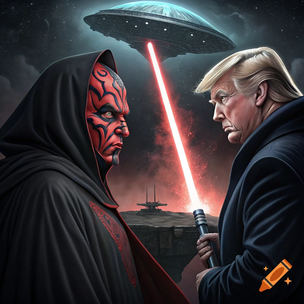 Darth Maul-like figure duels Donald Trump-like figure with lightsabers under a UFO.