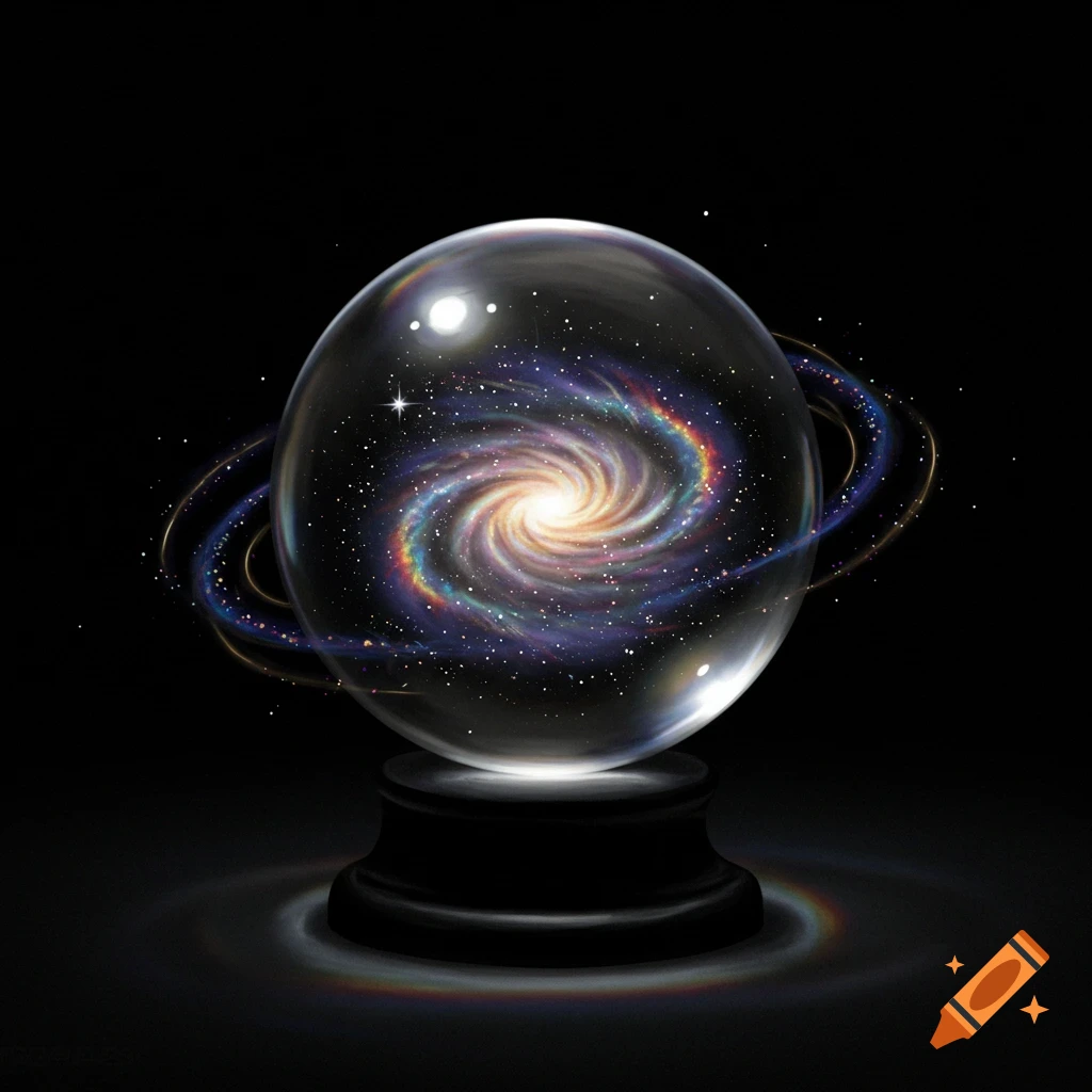 A crystal ball containing a galaxy on a dark background.