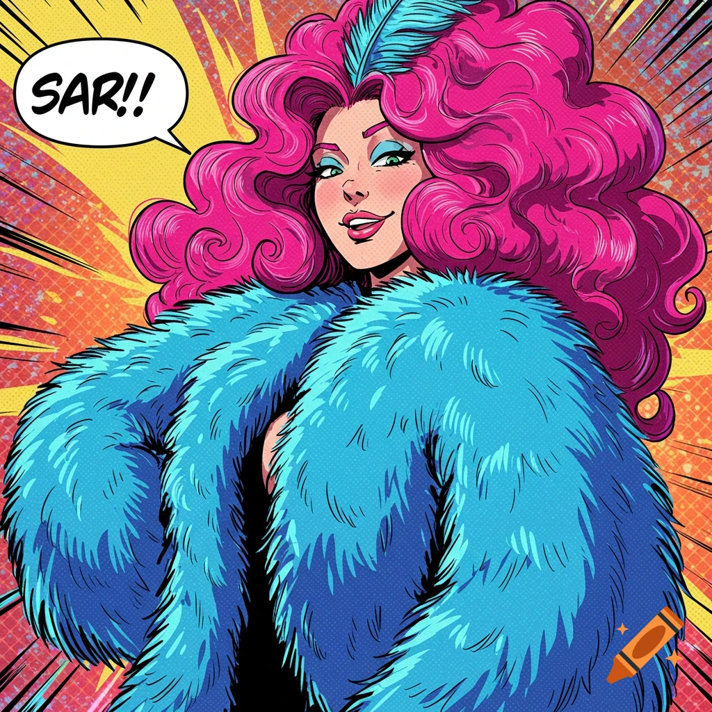 Woman with pink hair in blue fur coat in comic book style