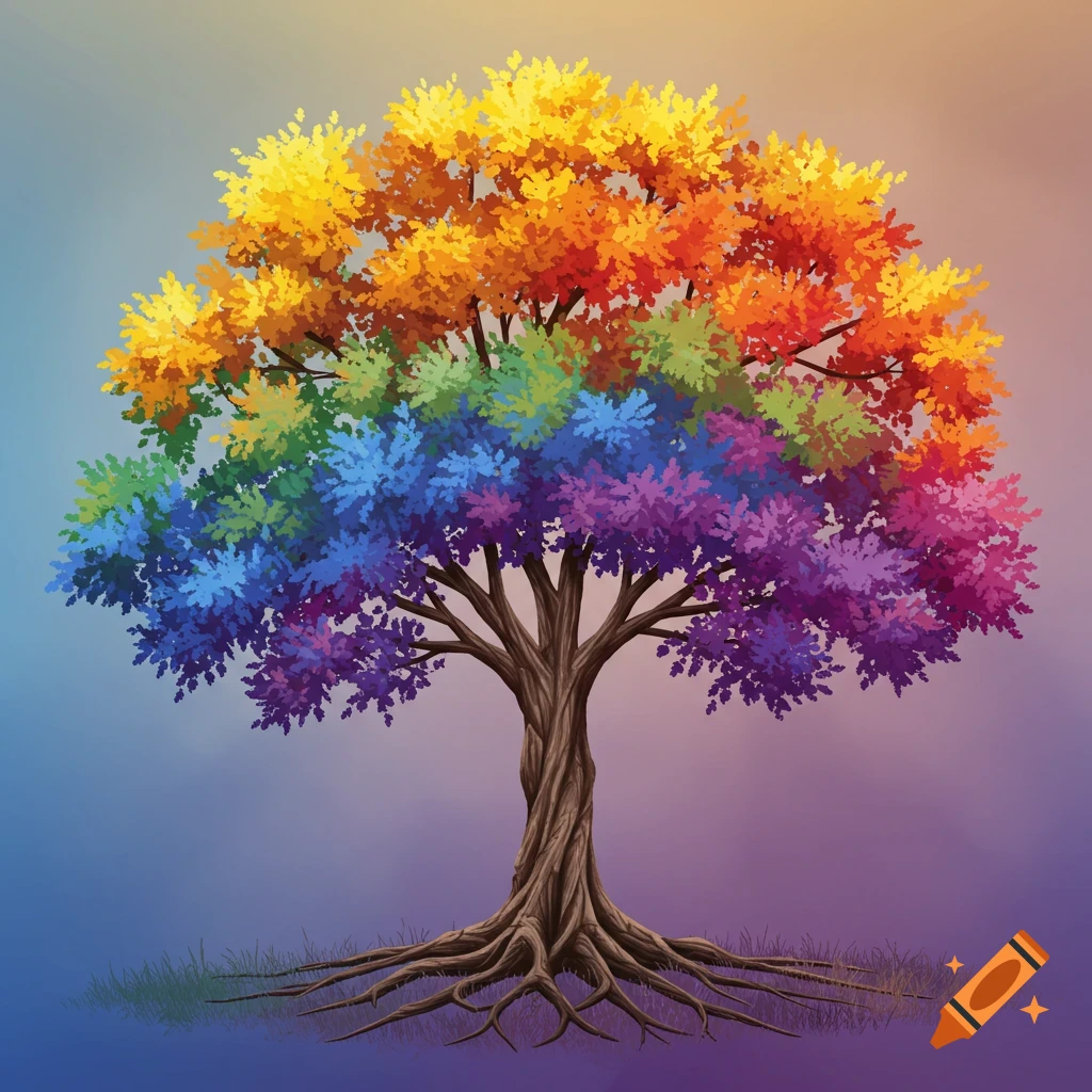 A tree with leaves colored like a rainbow
