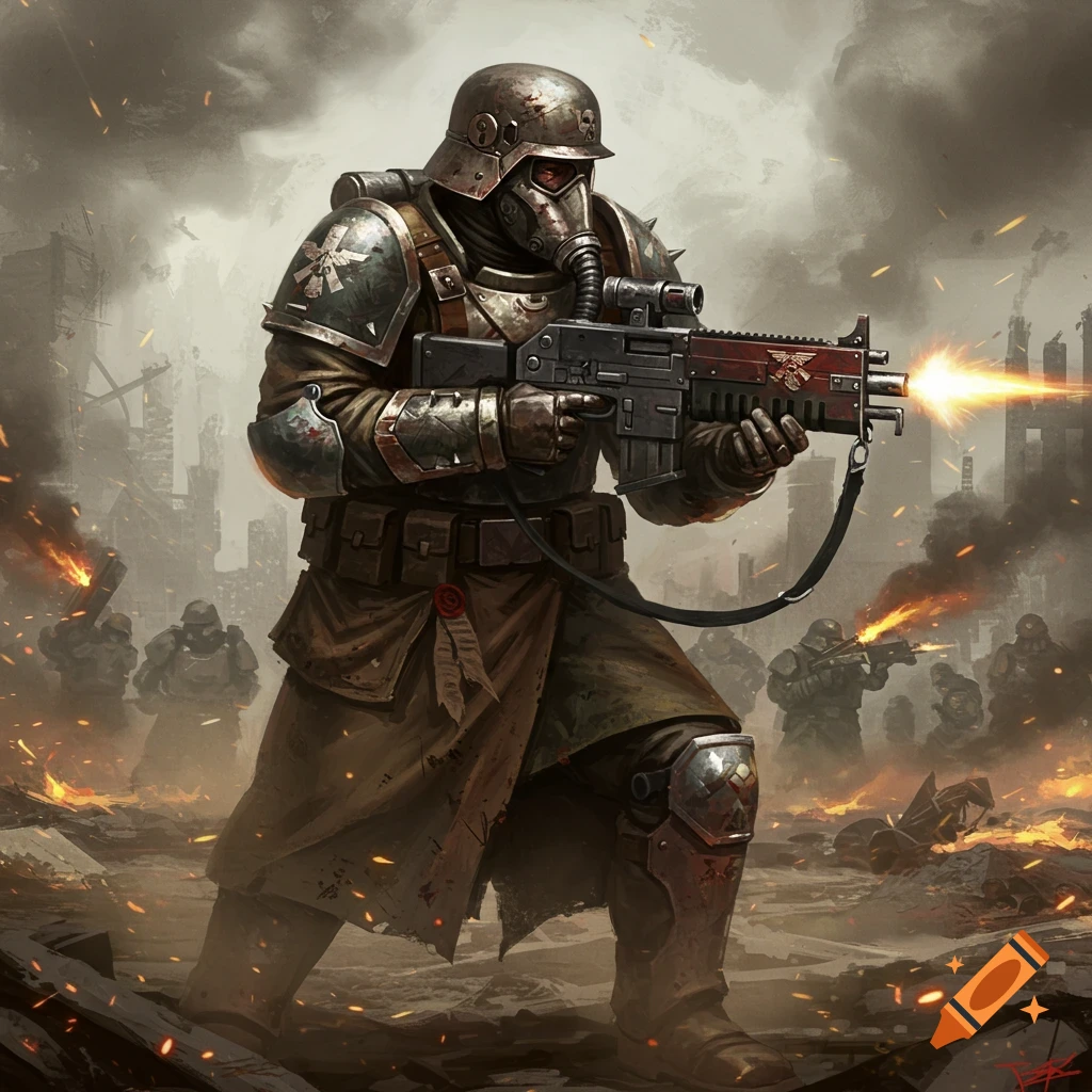 A Warhammer 40k Krieg soldier firing a lasgun in a ruined city.