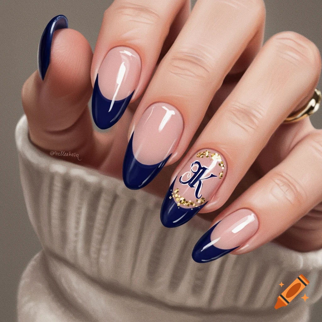 Hand with navy blue French manicure, letter K and gold details on ring finger.