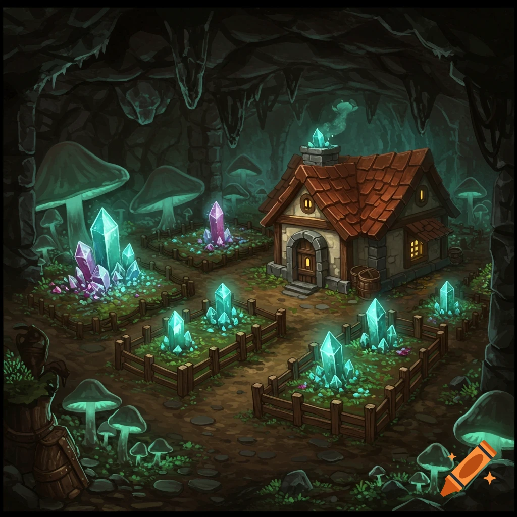 A quaint house in an underground cave garden filled with glowing crystals and mushrooms.