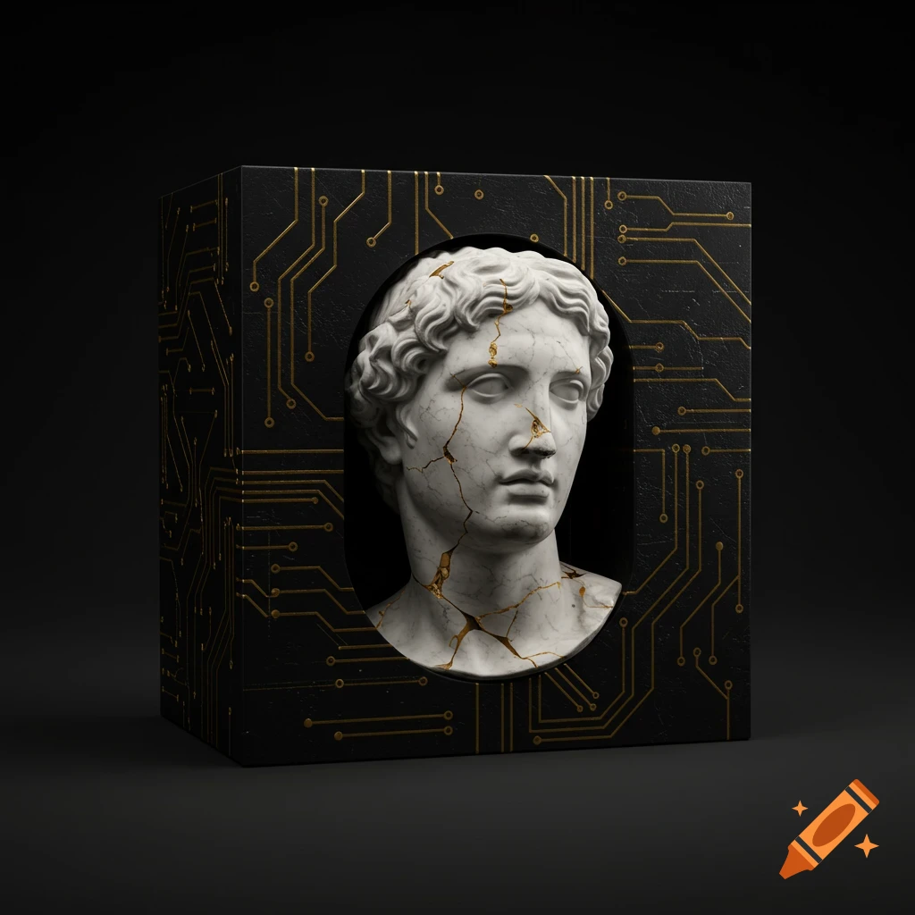 Cracked marble statue bust in a dark box with gold circuit patterns