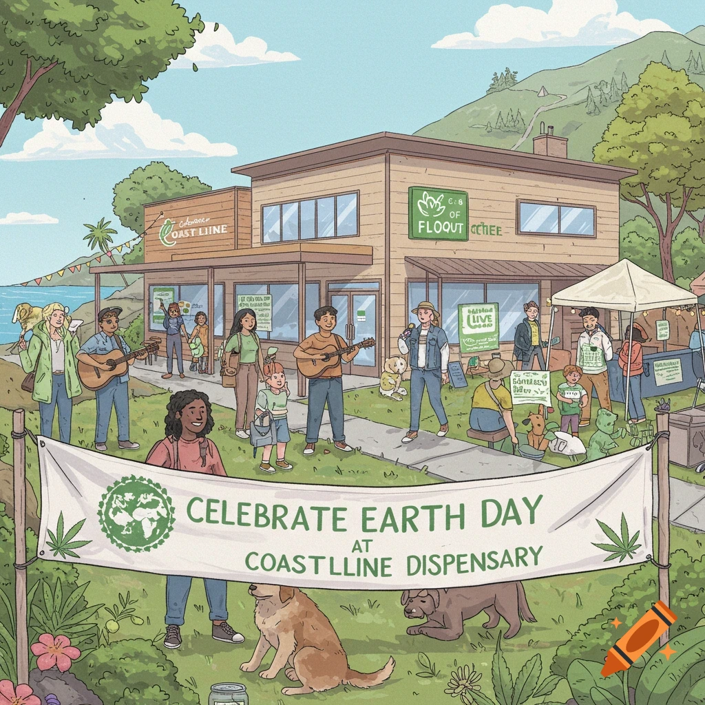 Illustration of an outdoor Earth Day event at a dispensary with people, dogs, music, and market stalls.