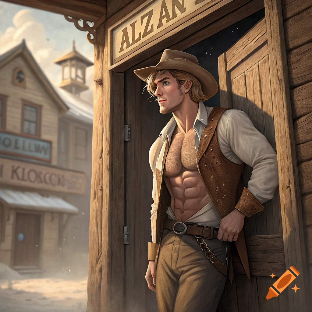 A cowboy man with an unbuttoned shirt stands in a saloon doorway.