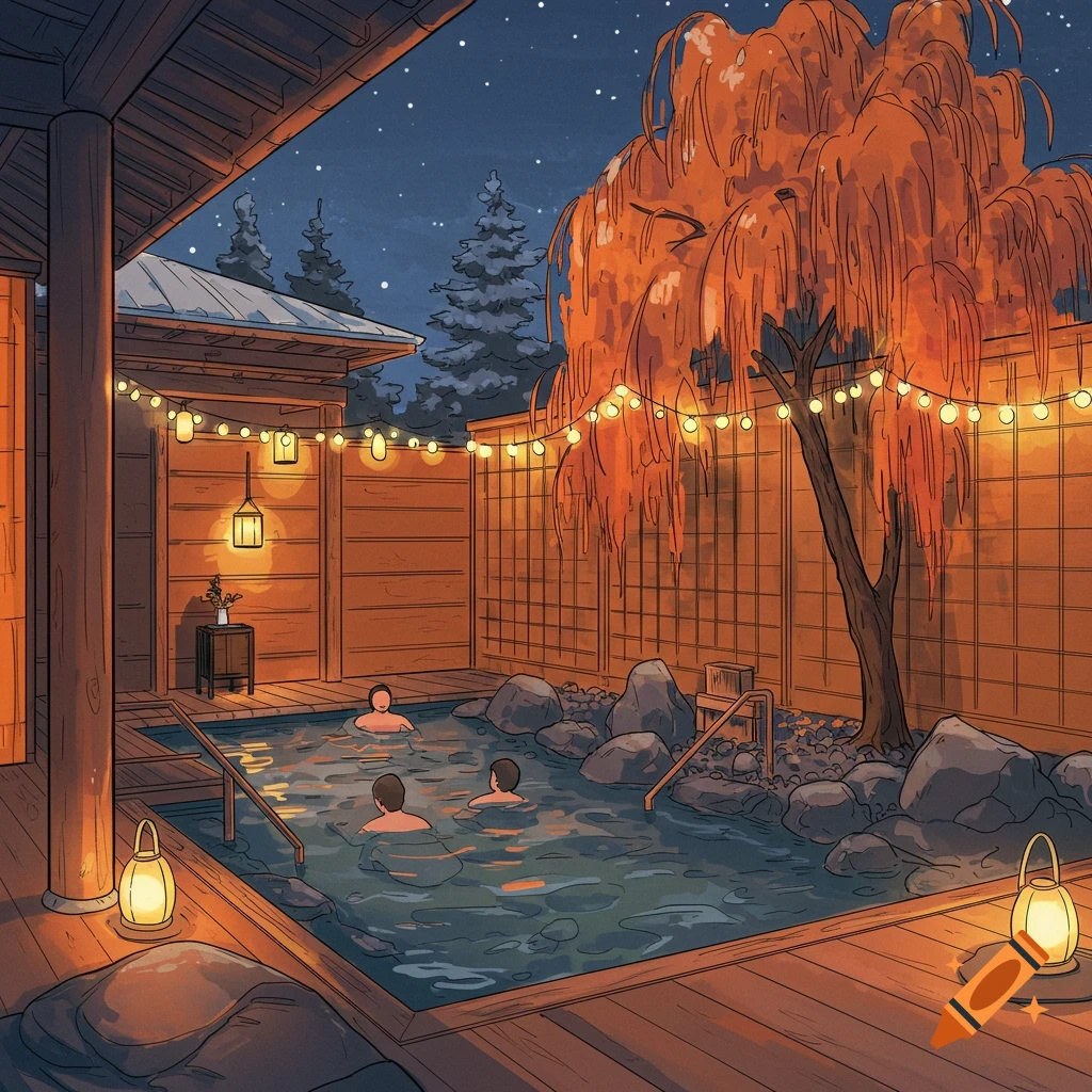 Illustration of people relaxing in a hot springs pool at night with string lights, an orange tree, and wooden decking.
