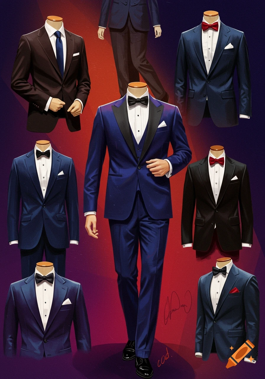 Various tuxedos and suits displayed on mannequins, including blue, black, and brown options.