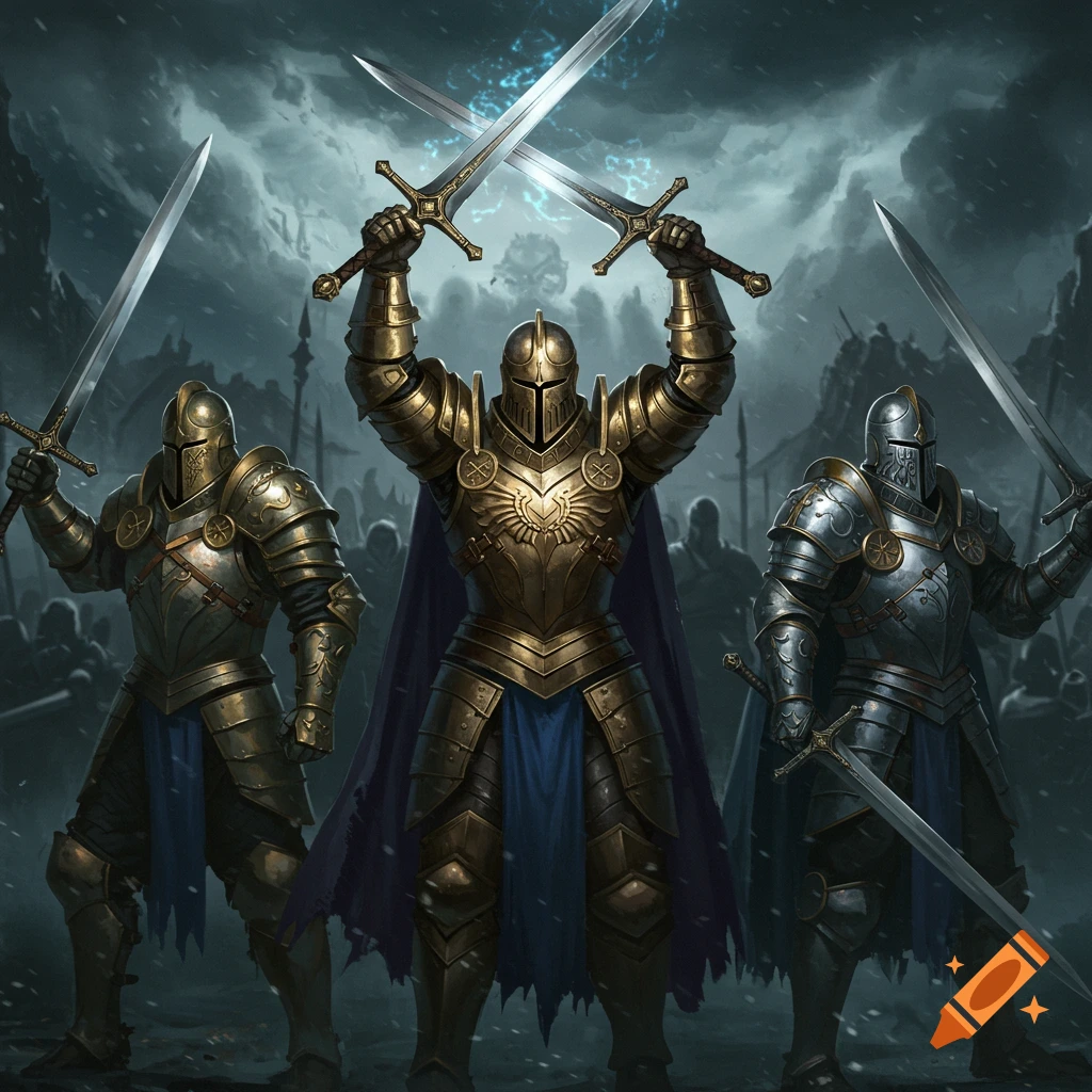 Three armored knights raise swords in a stormy battlefield.