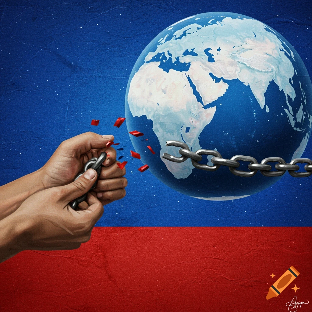 Hands breaking a metal chain in front of a globe, against a blue and red background.
