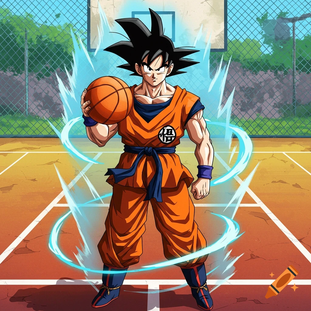 Goku from Dragon Ball holding a basketball on a court