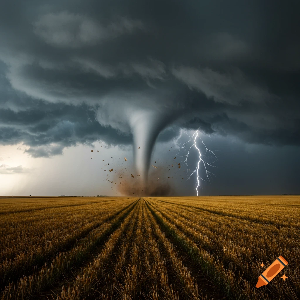 A large tornado rips through a field under a dark stormy sky with lightning.