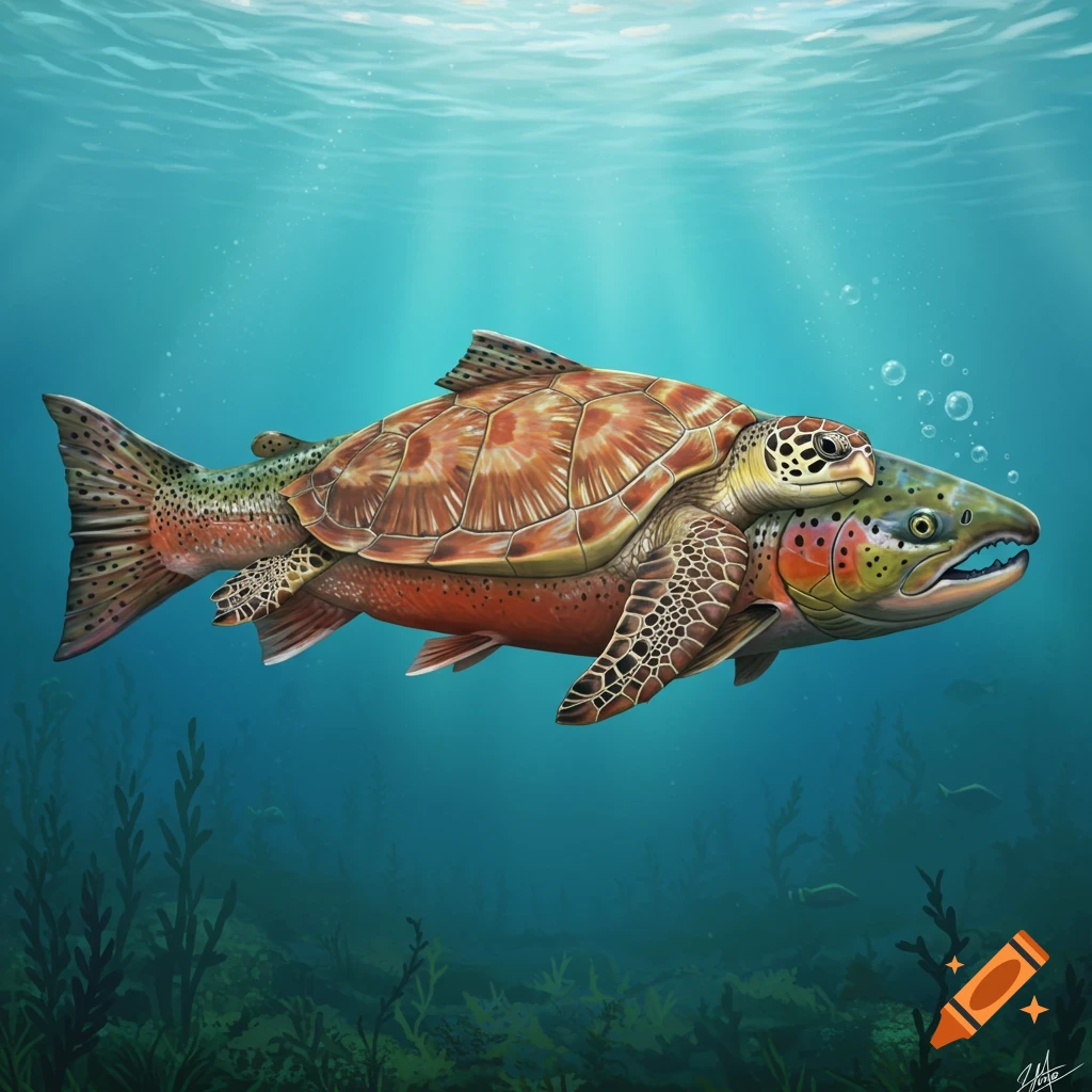 A salmon swims underwater with a turtle shell on its back.