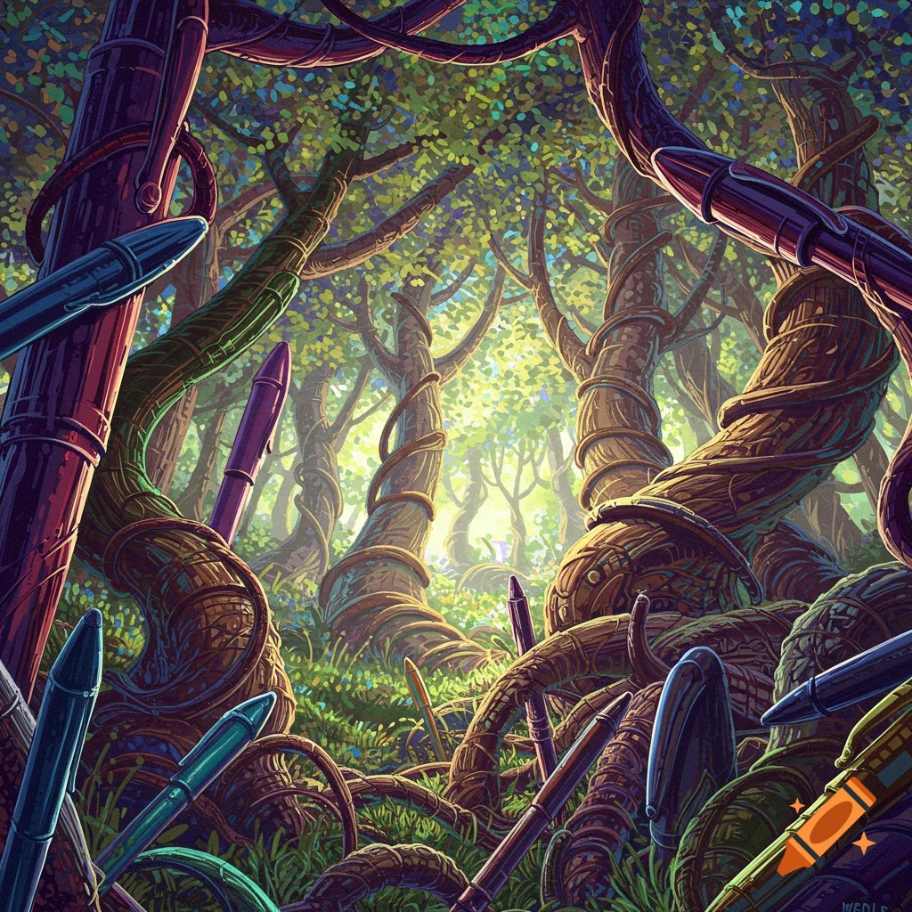 A surreal forest scene where trees and vines are made of colorful pens and pencils.
