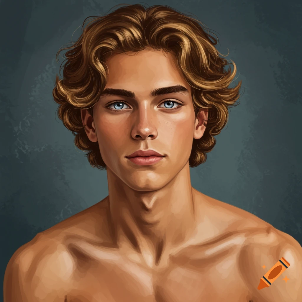 A young man with wavy brown hair and blue eyes, bare-chested.