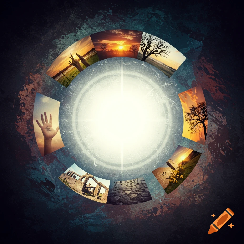 Collage showing scenes of sunset, trees, hands, ruins, wall, and flowers arranged in a circle on a dark textured background.