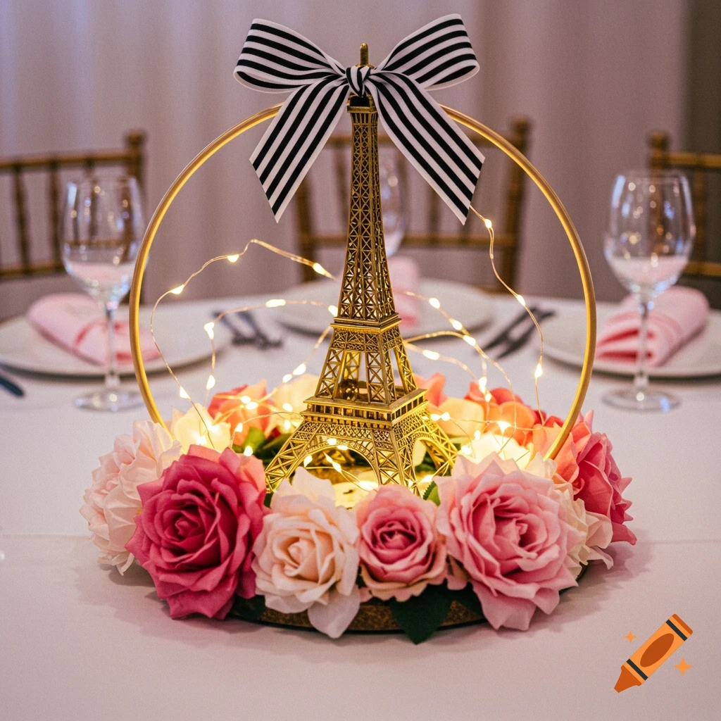 Table centerpiece with a gold Eiffel Tower model inside a gold hoop, surrounded by pink roses and fairy lights, topped with a black and white striped bow.