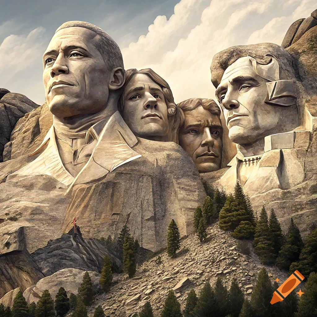 A sculpture carved into a mountain resembling Mount Rushmore, featuring the faces of four men.