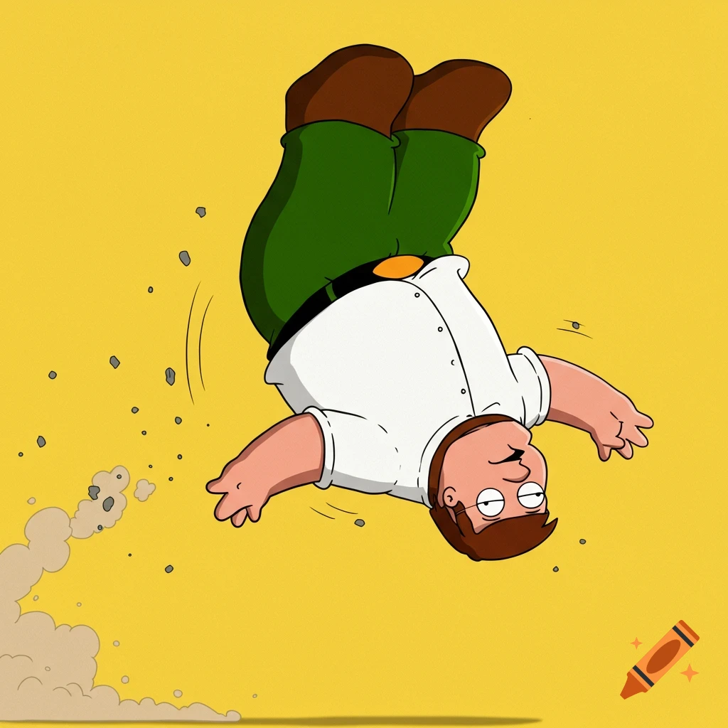 Peter Griffin cartoon character doing a flip in the air with dust.