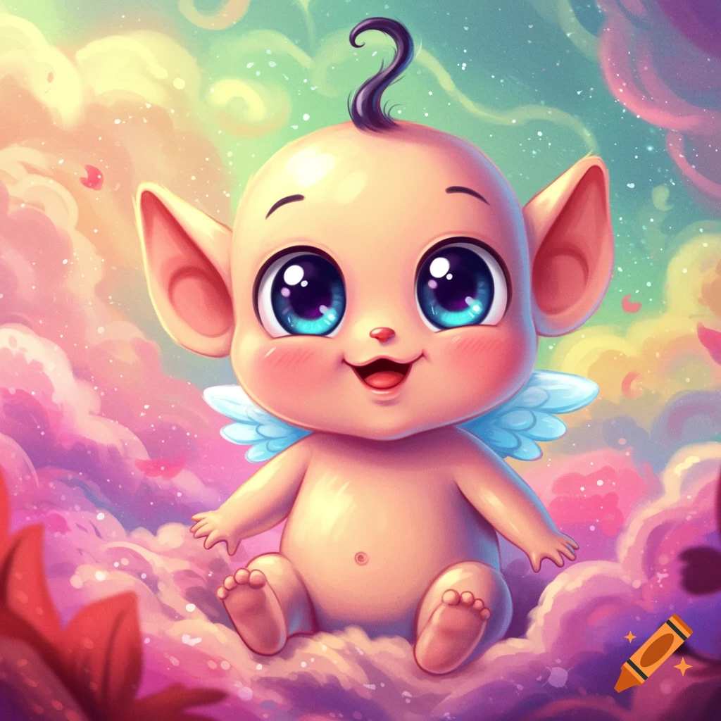 Whimsical baby cherub with large blue eyes sitting on pastel clouds.