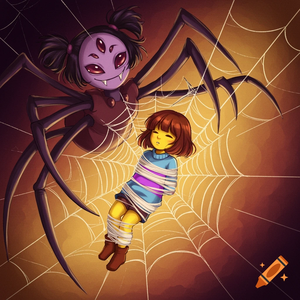 Spider character Muffet watching human child Frisk tied in her web.