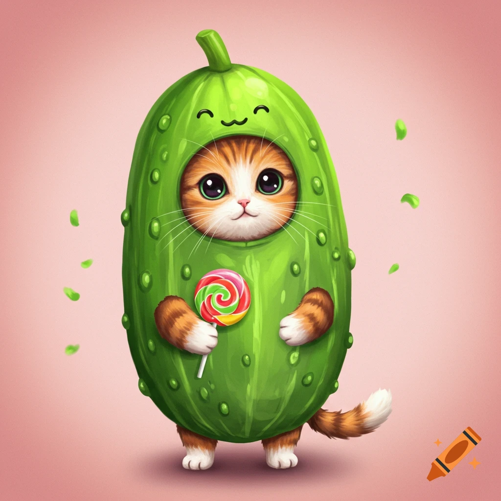 Picture of a cute cat wearing a cucumber costume and holding a swirl lollipop.