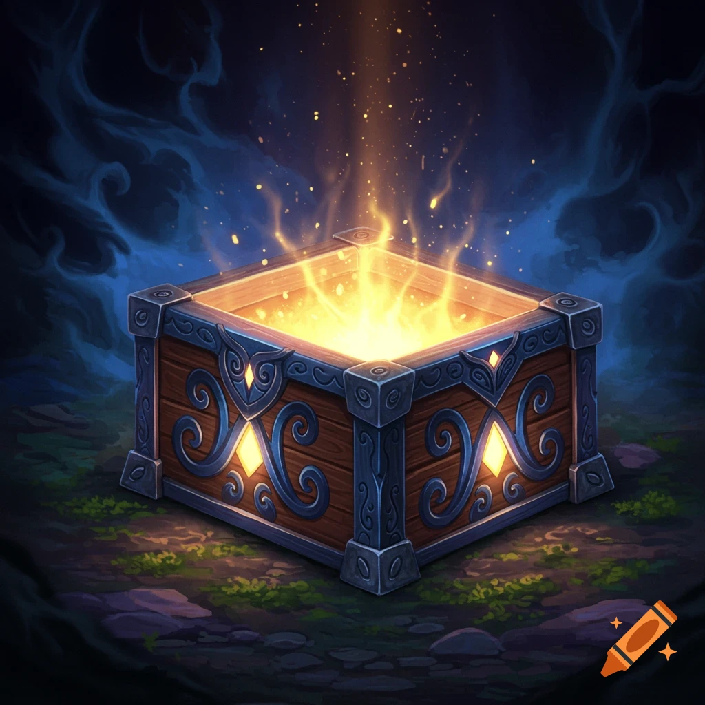 A glowing mystical box sits in a dark setting.