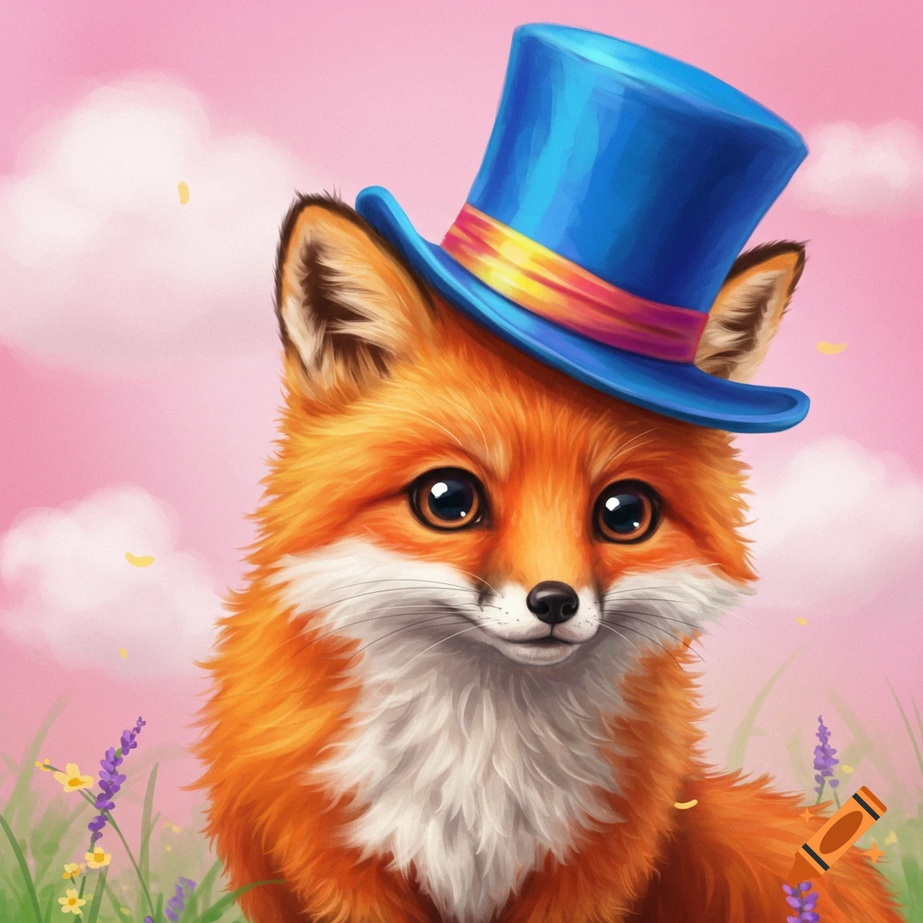 A cute fox wearing a blue top hat sits in a field with pink clouds in the background.