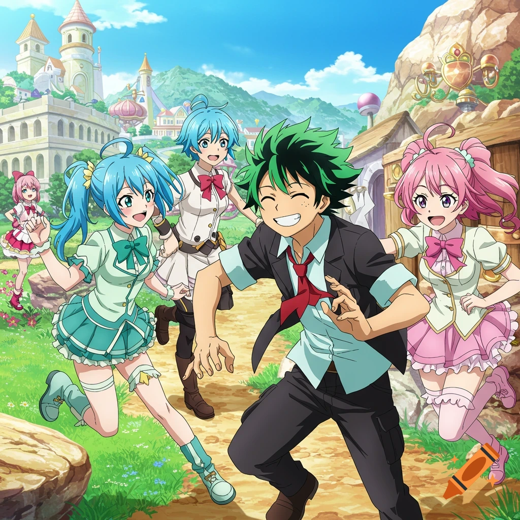 Five smiling anime characters run forward from a fantasy town background.