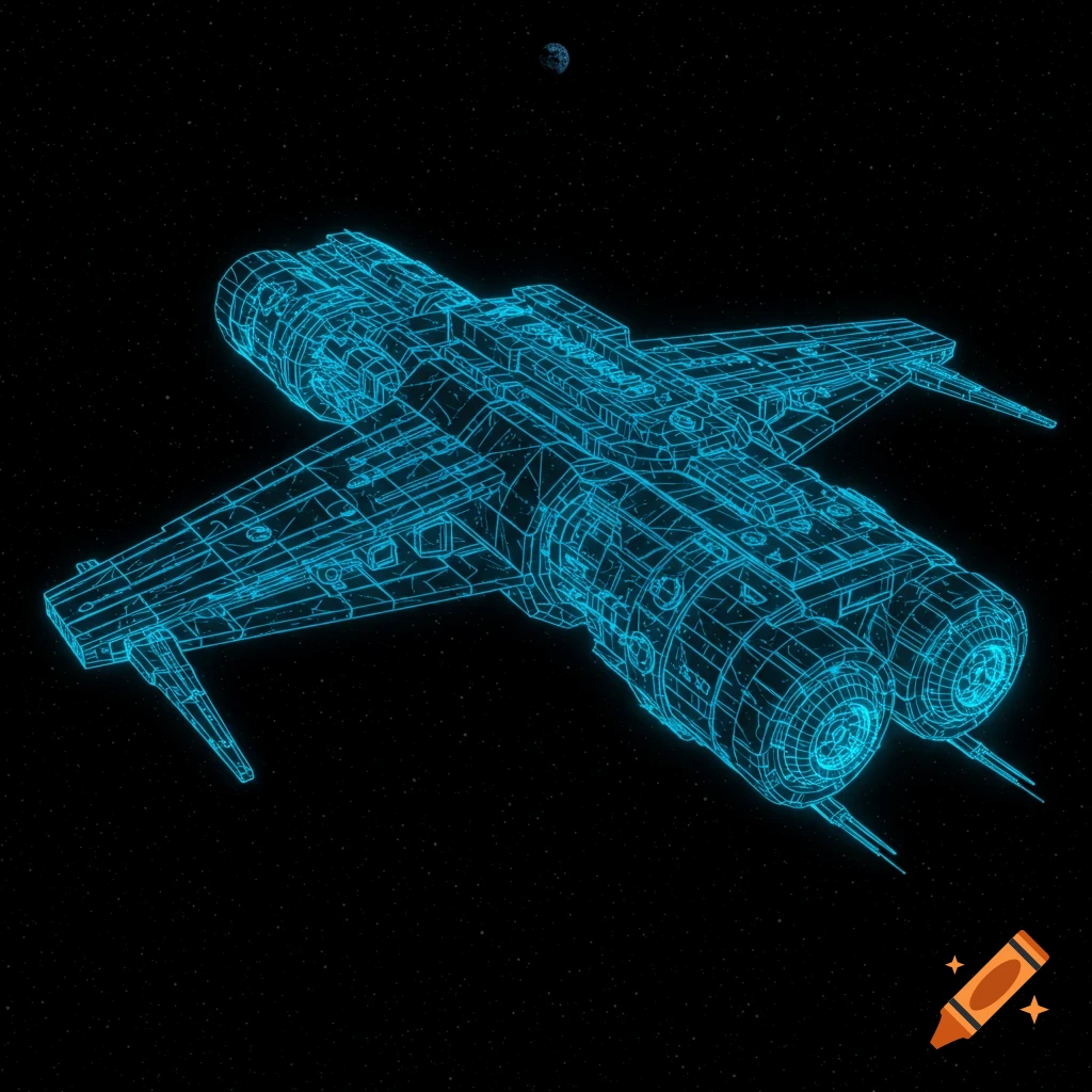 A futuristic wireframe spaceship rendered in bright blue lines against a dark starry background with a distant planet.