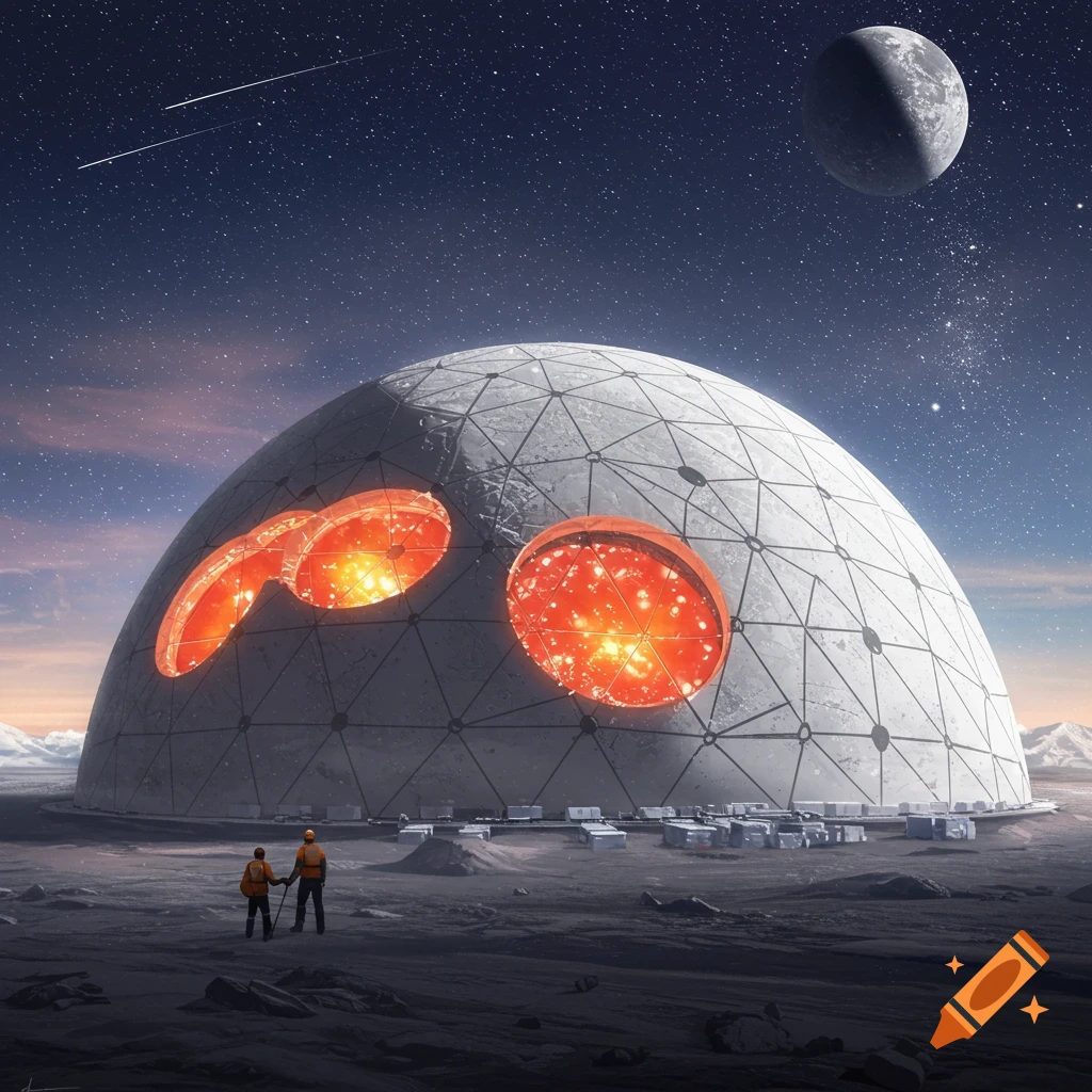 a large futuristic geodesic dome with glowing orange windows on a desolate planet surface with two figures, a moon, and stars.