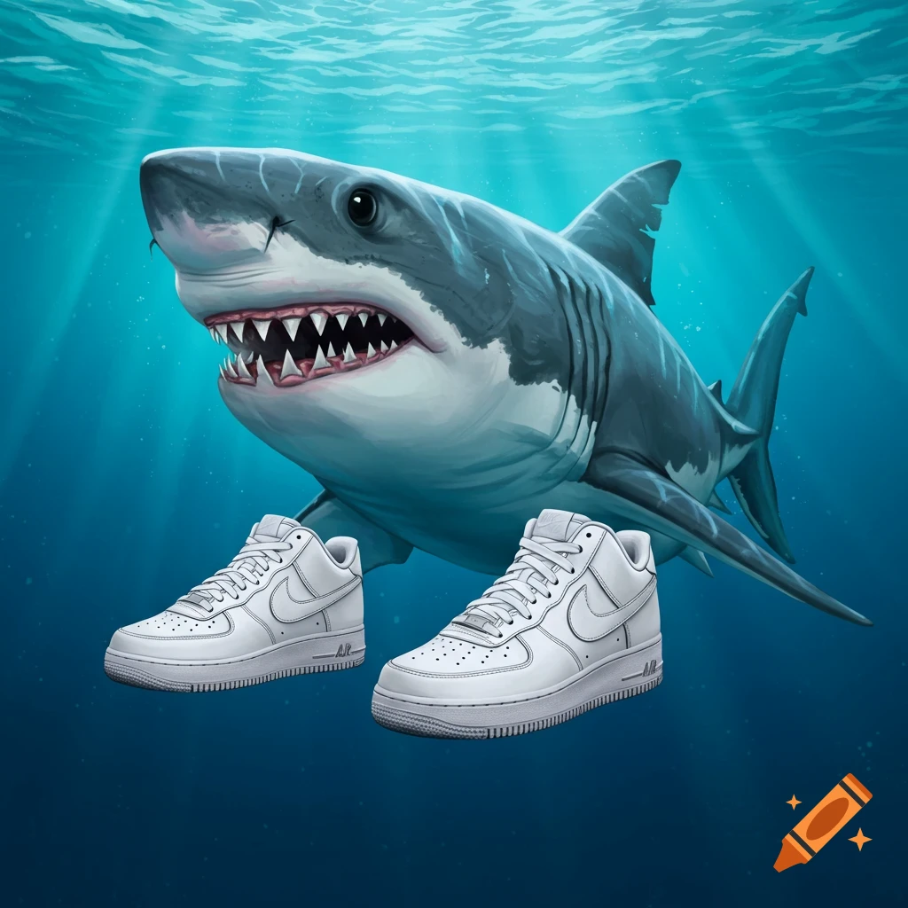 A shark wearing white Nike shoes underwater.
