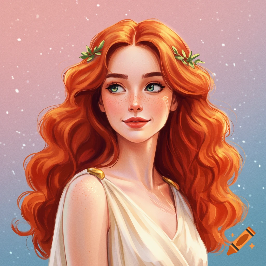 A woman with long, wavy red hair and green eyes, wearing a white dress and leaves in her hair, looking to the side.